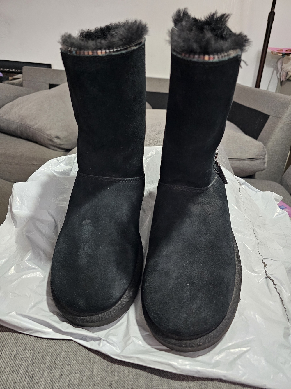 UGG Black Suede Fur-Trim Mid-Calf Winter Boots